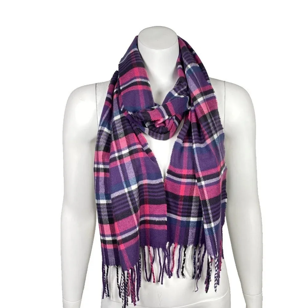 100% Cashmere Scarf Plaid Fringe Rectangular  Made In England Purple Pink